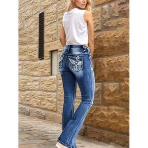 Women's XL Blue High Waist Bootcut Flare Jeans Cross Wing Embroidered Back
